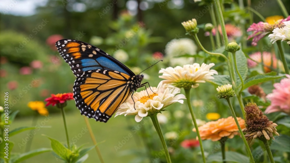 Obraz premium Monarch butterfly feeding on flowers garden nature photography vibrant environment close-up beauty of nature