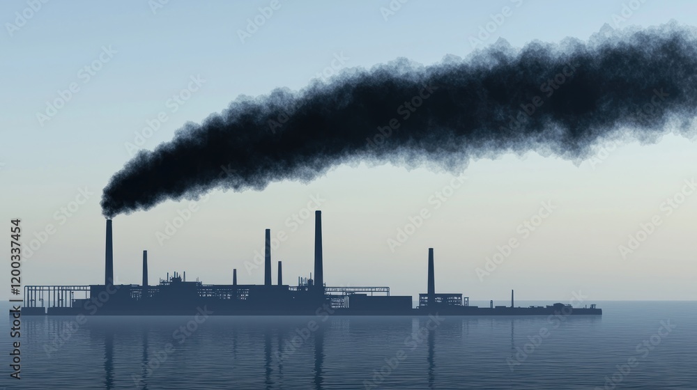 Coastal factory emitting dark smoke pollution at dawn Coastal factory emitting dark smoke pollution at dawn