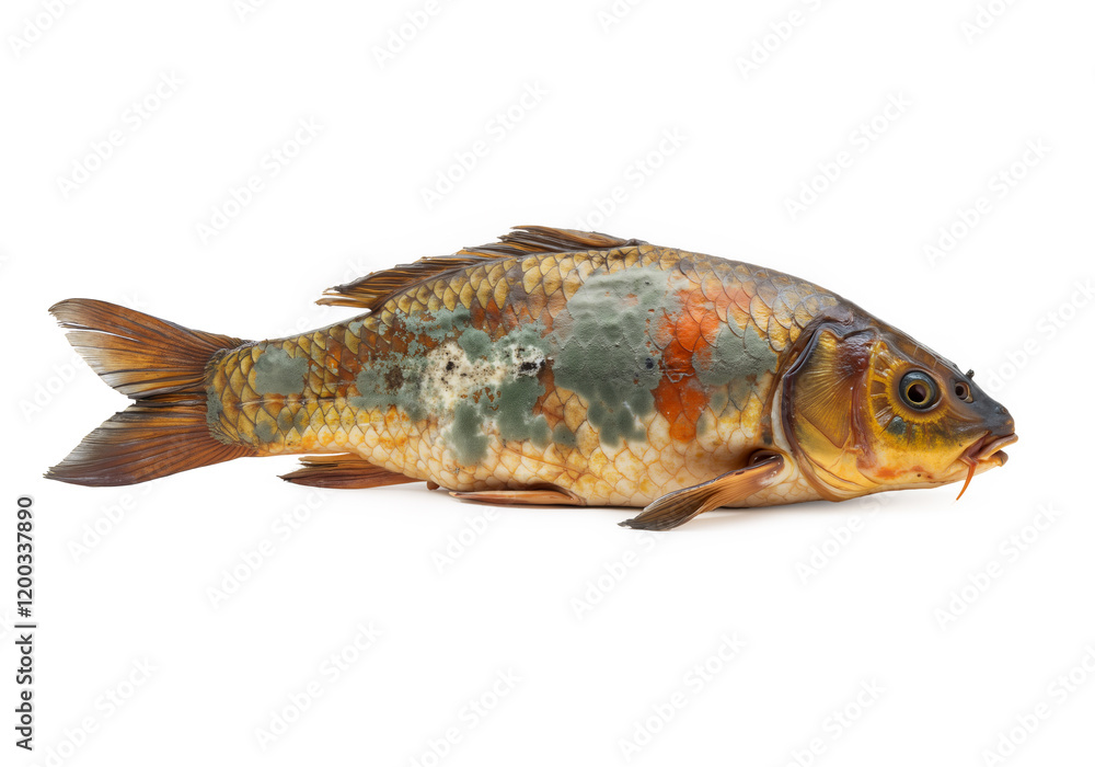 Dead Koi fish decaying with mold and visible skeleton - isolated on white Dead Koi fish decaying with mold and visible skeleton - isolated on white