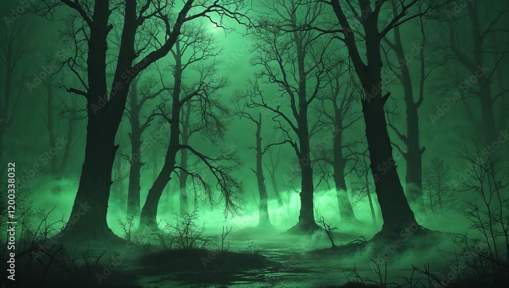 Obraz premium A Mystical and Eerie Forest Scene at Night, Shrouded in Fog and Moonlight, Creating a Hauntingly Beautiful Atmosphere Full of Mystery and Dark Intrigue