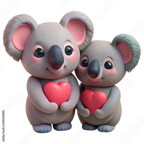 Couple of adorable cartoon koalas holding red hearts 3d illustration isolated on the transparent background. Valentine's day photo