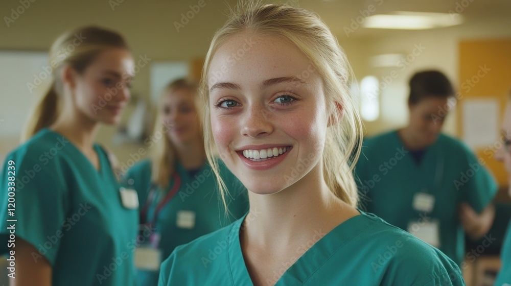 Fototapeta premium Smiling Young Nurse in Hospital Corridor