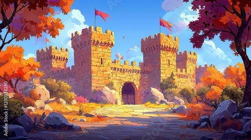 A vibrant cartoon castle surrounded by colorful trees and rocks on a sunny day. photo