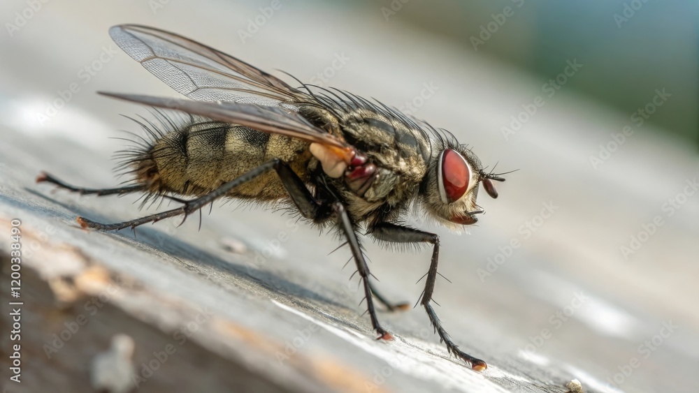 Close-up action of a housefly in natural habitat macro photography outdoor environment insect behavior Close-up action of a housefly in natural habitat macro photography outdoor environment insect behavior