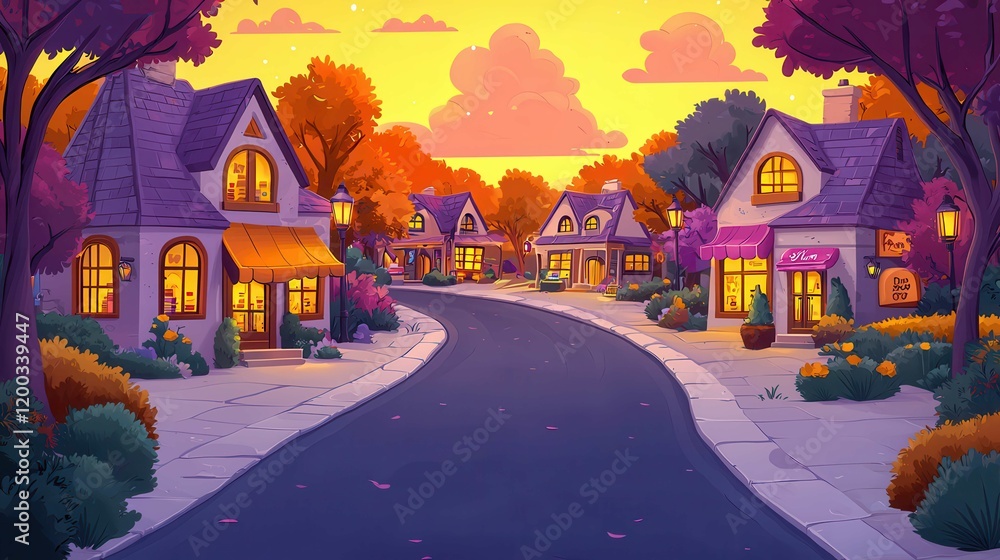 Obraz premium A cozy street scene featuring charming houses amid vibrant autumn foliage in a cartoon style.