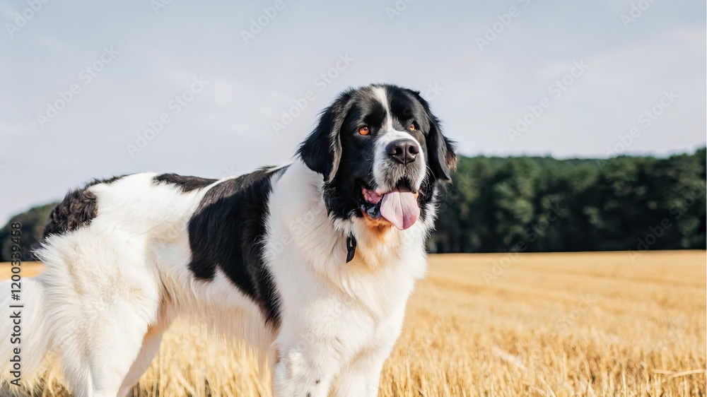 Landseer dog portraits in golden fields animal photography outdoor setting nature's beauty captured moments Landseer dog portraits in golden fields animal photography outdoor setting nature's beauty captured moments
