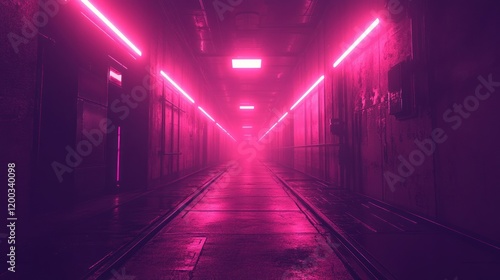 Pink neon lights illuminate a long  dark  industrial corridor with a wet floor and rails.