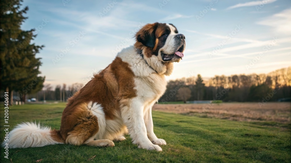 Saint bernard dogs playing in a scenic park at sunset captivating pet photography in a natural setting Saint bernard dogs playing in a scenic park at sunset captivating pet photography in a natural setting