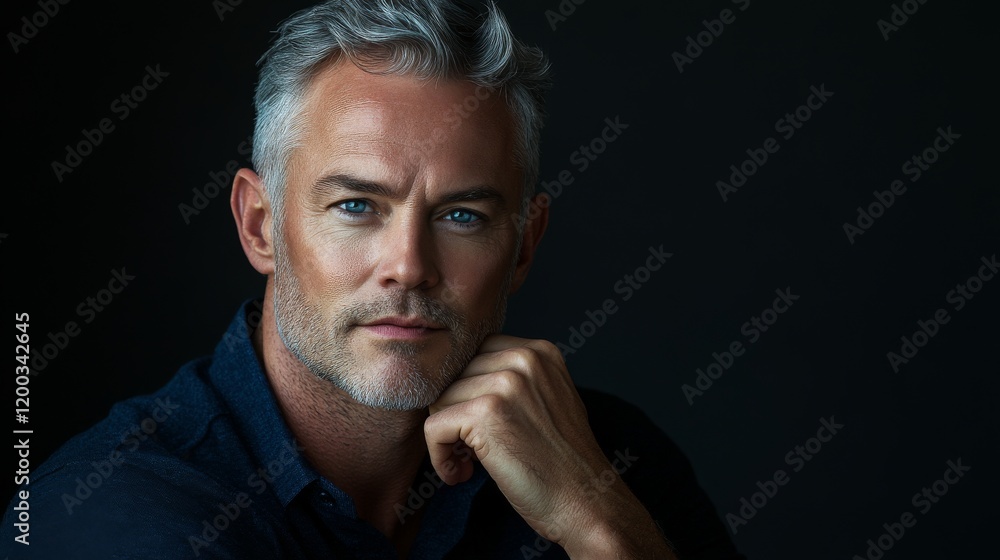 Portrait of a handsome man with grey hair and blue eyes resting his hand on his chin against a dark background, with copy space Portrait of a handsome man with grey hair and blue eyes resting his hand on his chin against a dark background, with copy space