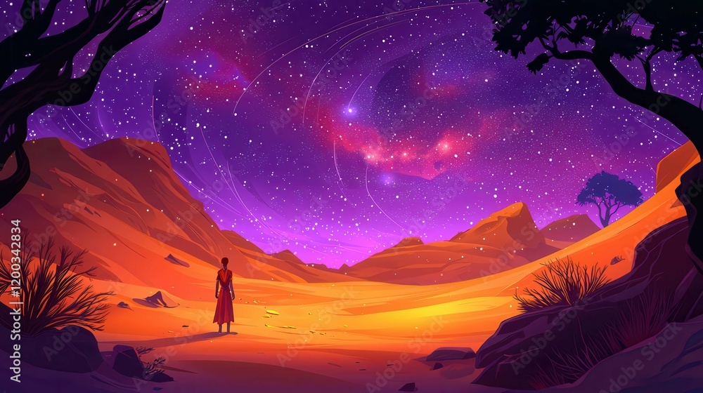 Fototapeta premium A silhouette of a person in a desert landscape under a starry sky, showcasing a cosmic scene.
