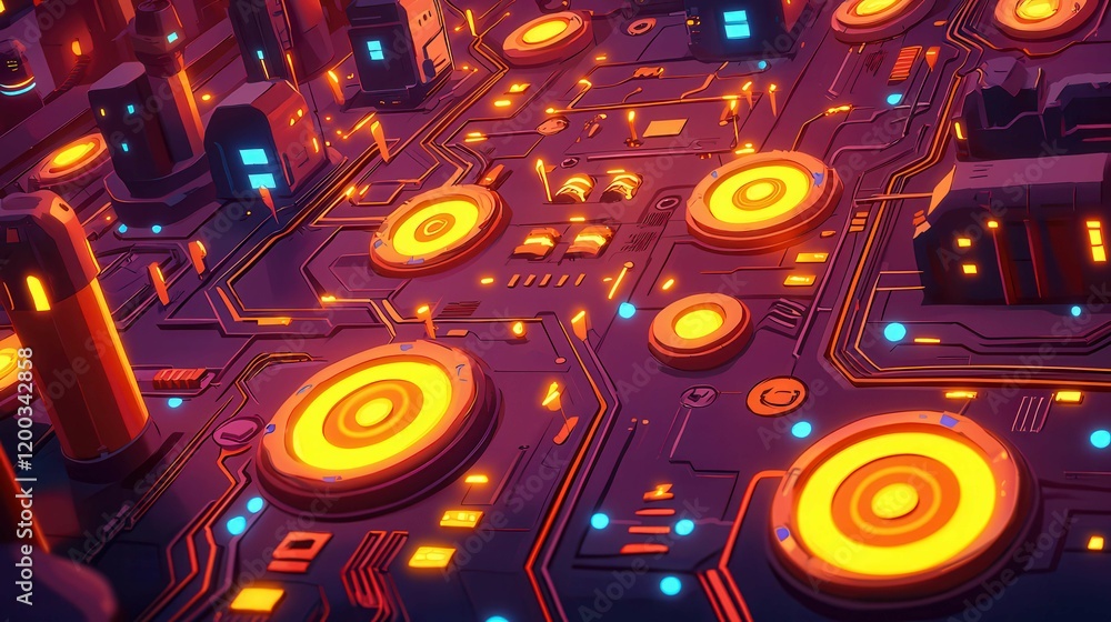 Fototapeta premium A vibrant 2D digital circuit board with glowing elements in a futuristic design.
