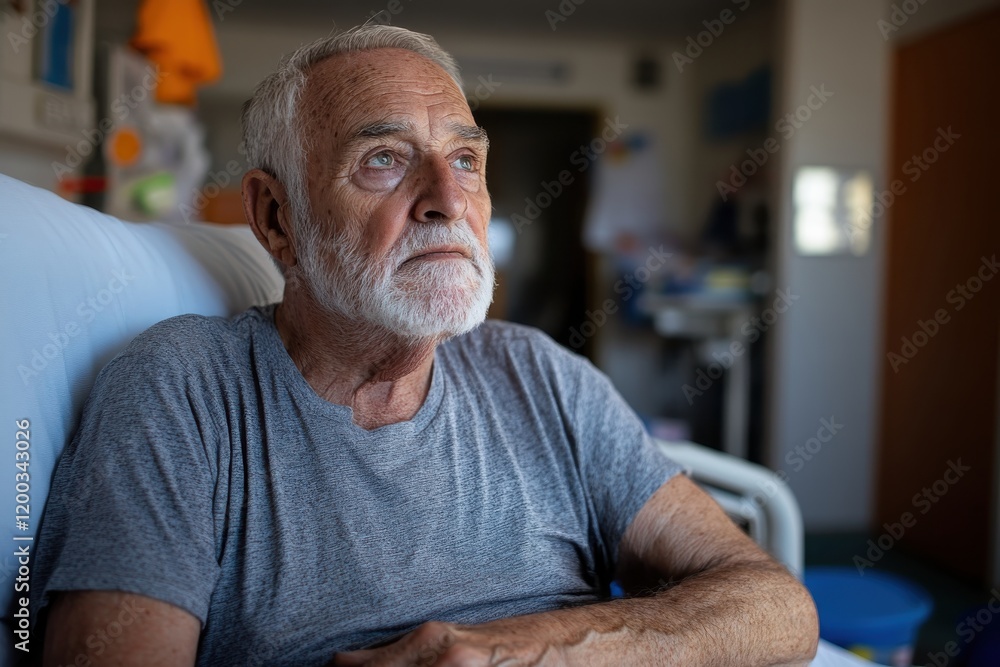 A senior man with a thoughtful gaze sits in a hospital room, reflecting on his life journey, captured through warm lighting that enhances the emotional depth of the moment. A senior man with a thoughtful gaze sits in a hospital room, reflecting on his life journey, captured through warm lighting that enhances the emotional depth of the moment.