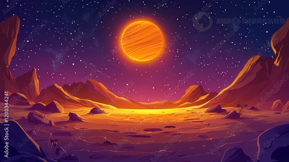 Naklejka premium A vibrant and colorful landscape featuring a glowing sun in a starry sky, with mountains and rocky terrain below.
