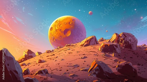 A colorful view of a Martian landscape with a large orange planet in the sky and rocky terrain illuminated by a vibrant atmosphere. photo