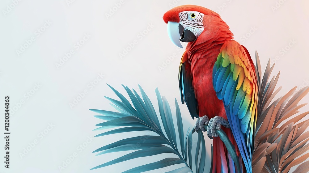 Obraz premium vibrant parrot perched on tropical leaves against a soft blue background. Exotic beauty and tropical celebration concept.