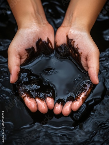 Close up of hands holding black crude oil reveals the thick, viscous texture and significance in energy production. Generative AI photo