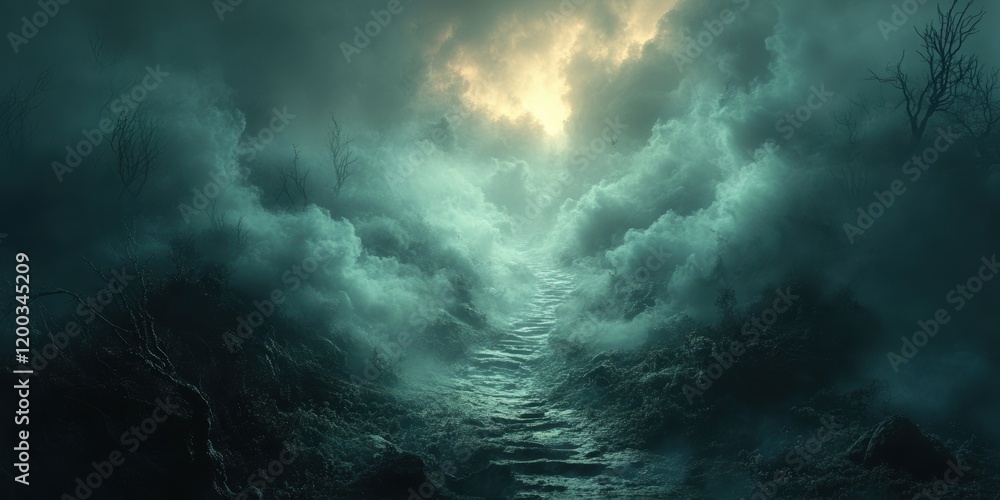 Fototapeta premium A Majestic and Mysterious Pathway Through a Misty Forest with Ethereal Light in the Sky, Creating an Enigmatic and Dreamlike Atmosphere