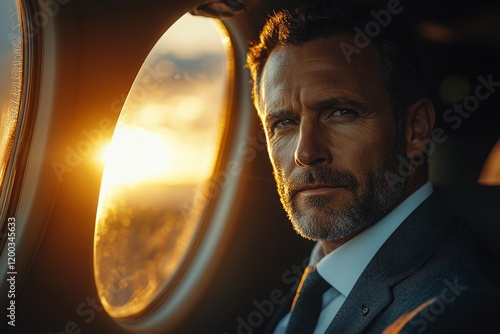 Businessman Relaxing on Private Jet with Luxury Cabin Interior photo