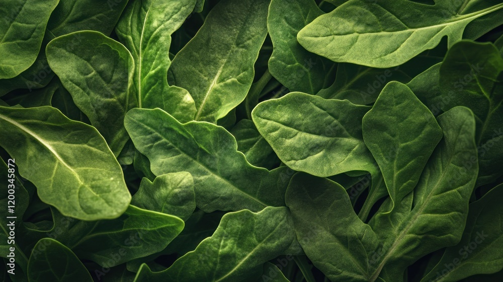 Close-up of fresh, dark green arugula leaves, creating a lush, textured background.