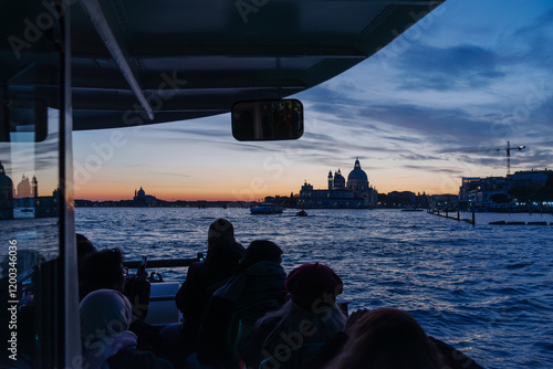 Sunset view from a Venetian vaporetto with Santa Maria della Salute
