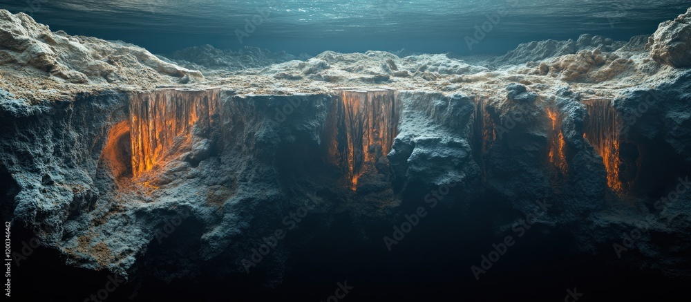 Fototapeta premium Underwater volcanic rock formation with glowing lava flowing down its cliffside.