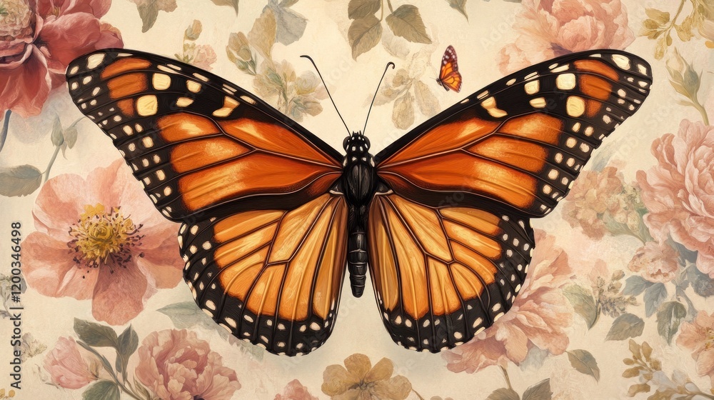 Obraz premium Large monarch butterfly with intricate details on a floral background.