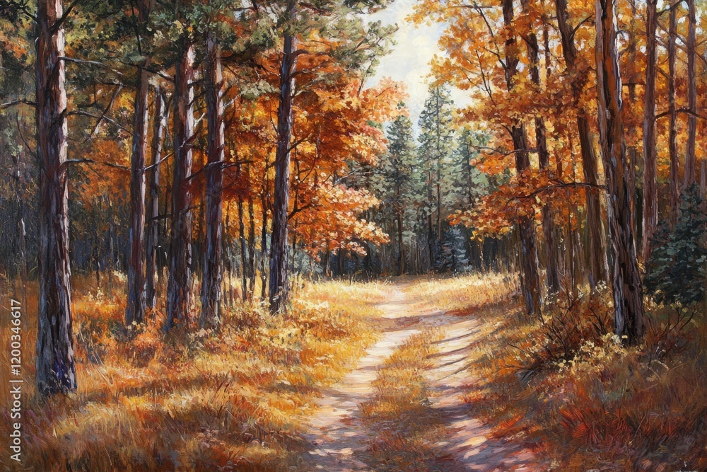 A beautiful forest with tall trees and sunlight filtering through the leaves, creating an enchanting autumn scene A path winds between them, leading into a clearing where light shines Generative AI A beautiful forest with tall trees and sunlight filtering through the leaves, creating an enchanting autumn scene A path winds between them, leading into a clearing where light shines Generative AI