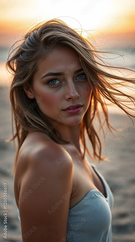 Close-Up Portrait of a Woman with Natural Makeup and Windswept Hair by the Sea. Generative AI Close-Up Portrait of a Woman with Natural Makeup and Windswept Hair by the Sea. Generative AI
