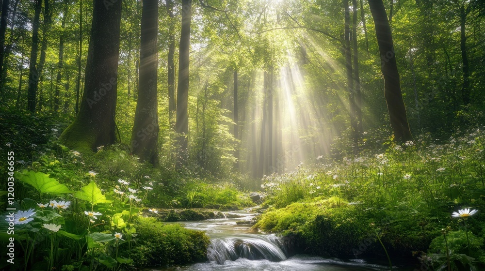 Fototapeta premium Sunbeams Illuminating a Serene Forest Stream