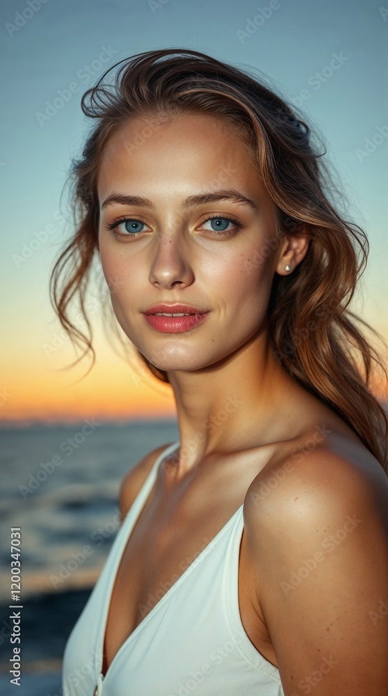 portrait of a young woman with sun-kissed skin and windblown hair, standing on a sandy beach at sunset. generative AI portrait of a young woman with sun-kissed skin and windblown hair, standing on a sandy beach at sunset. generative AI