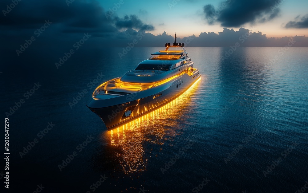 Fototapeta premium Luxury Yacht Illuminated on Open Waters at Sunrise Displaying Elegance and Serenity