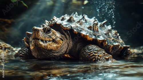 Alligator snapping turtle in water, close-up. photo