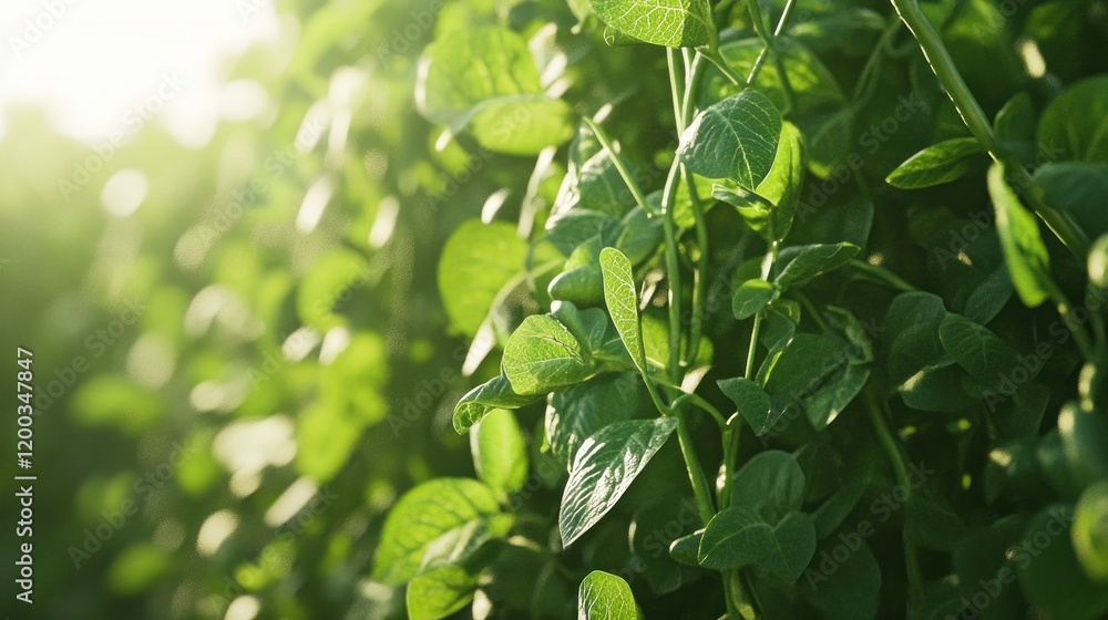 Obraz premium Lush green soybean plants illuminated by sunlight in a field.