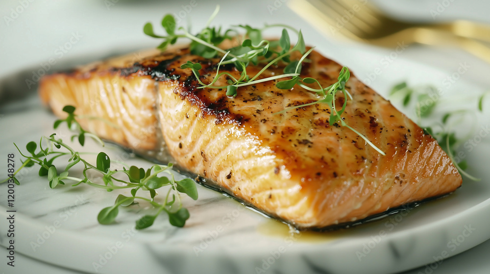 A perfectly panseared salmon fillet rests on a marble plate, garnished with fresh thyme sprigs. The salmon has a delicious, glazed appearance. Simple, elegant presentation. A perfectly panseared salmon fillet rests on a marble plate, garnished with fresh thyme sprigs. The salmon has a delicious, glazed appearance. Simple, elegant presentation.