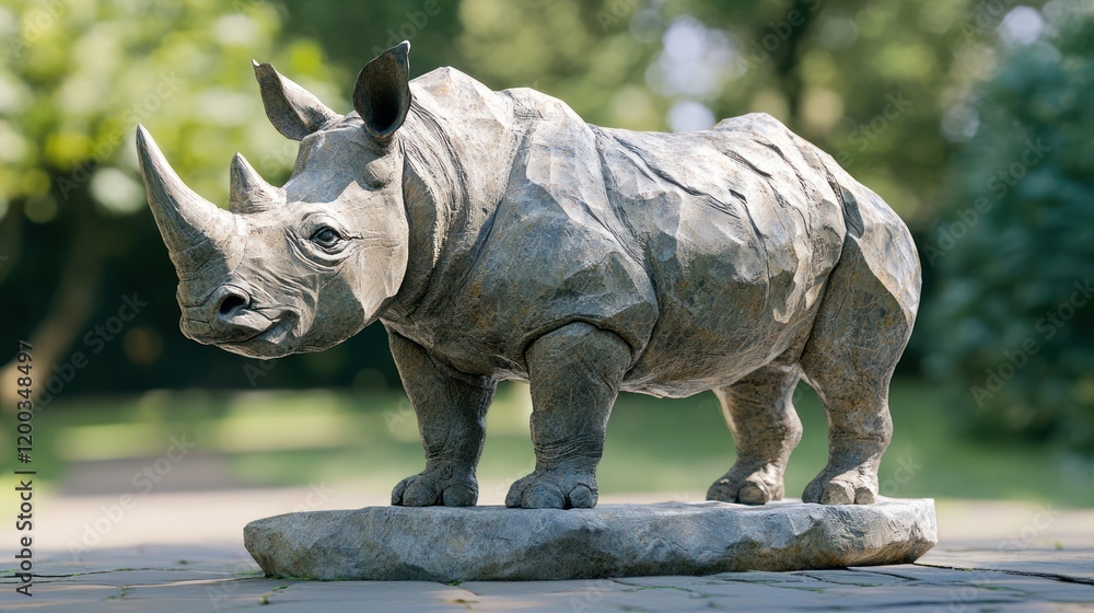 Fototapeta premium Stone rhino sculpture outdoors, detailed texture, standing on a rock.