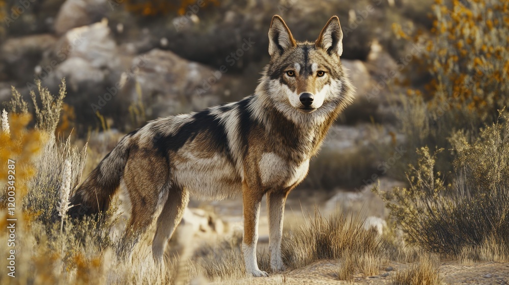 Fototapeta premium Majestic wolf standing in a desert landscape at sunset.