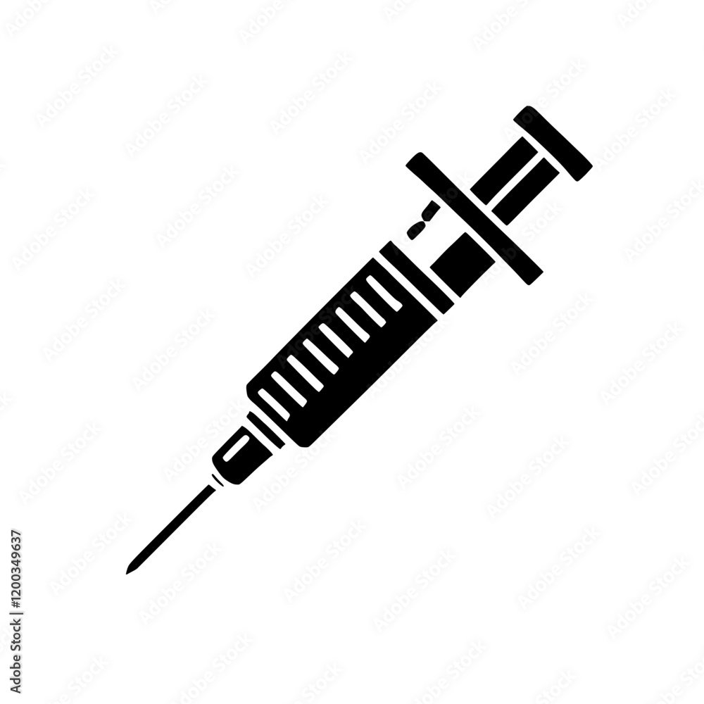 Syringe Icon: A sharp and detailed black silhouette of a syringe, a medical symbol representing healthcare, injection, and vaccination. Syringe Icon: A sharp and detailed black silhouette of a syringe, a medical symbol representing healthcare, injection, and vaccination.