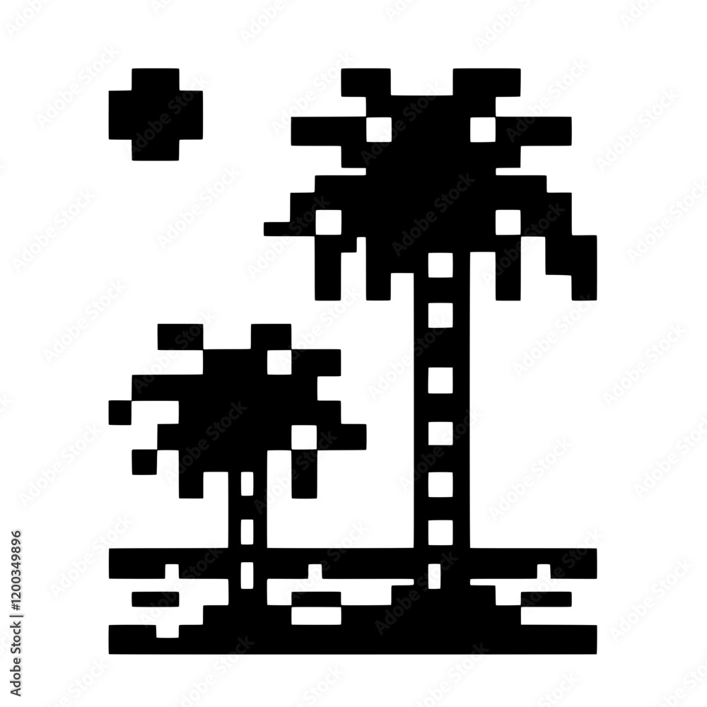 Fototapeta premium Pixelated Palm Trees: A retro-inspired pixel art illustration of two palm trees silhouetted against a setting sun, evoking nostalgia and a sense of carefree escape to a digital tropical paradise. 