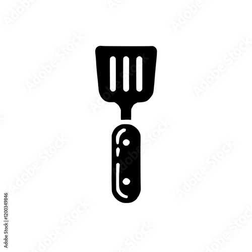 Black & White Spatula Icon: Simple and bold, this black and white icon of a spatula features a classic design with a wooden handle and a flat, slotted blade. Perfect for representing cooking.