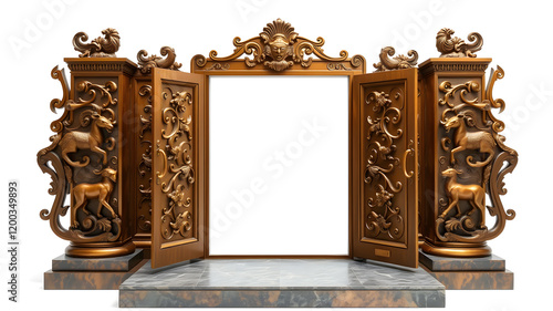 a sculpture of bronze door from a palace. The door has animal designs on it. The door is open and on a base. the entire sculpture is bronze with a white background. Generative AI photo