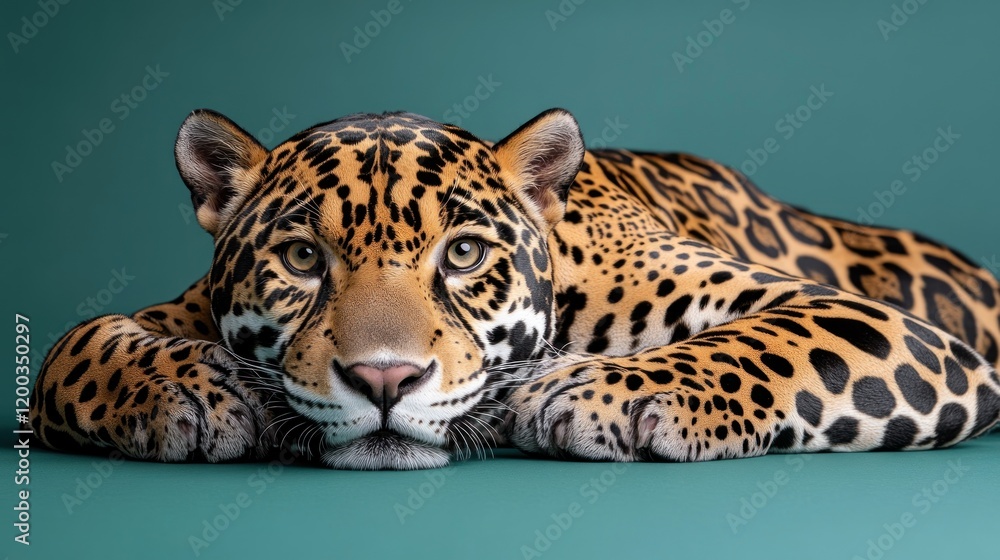 Obraz premium Majestic jaguar resting on teal background.