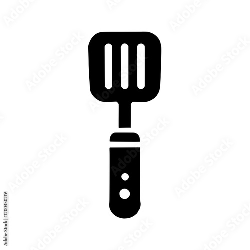Spatula Icon:  A simple, yet versatile, black and white vector icon of a spatula, ideal for cooking websites, apps, and recipe blogs.  Perfect for adding a touch of culinary design to any project.