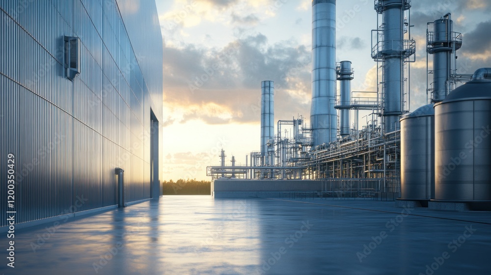 Obraz premium Industrial plant at sunset, showing large metal structures, pipelines, and storage tanks.