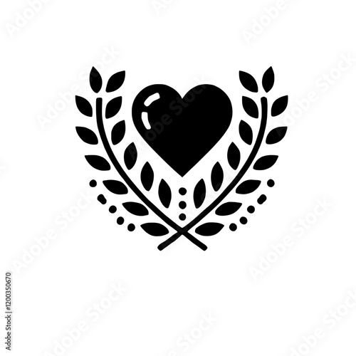 Heart and Laurel Wreath: A heart enveloped by two intertwined laurel wreaths, symbolizing love, triumph, and everlasting devotion, rendered in bold black silhouette against a simple background.