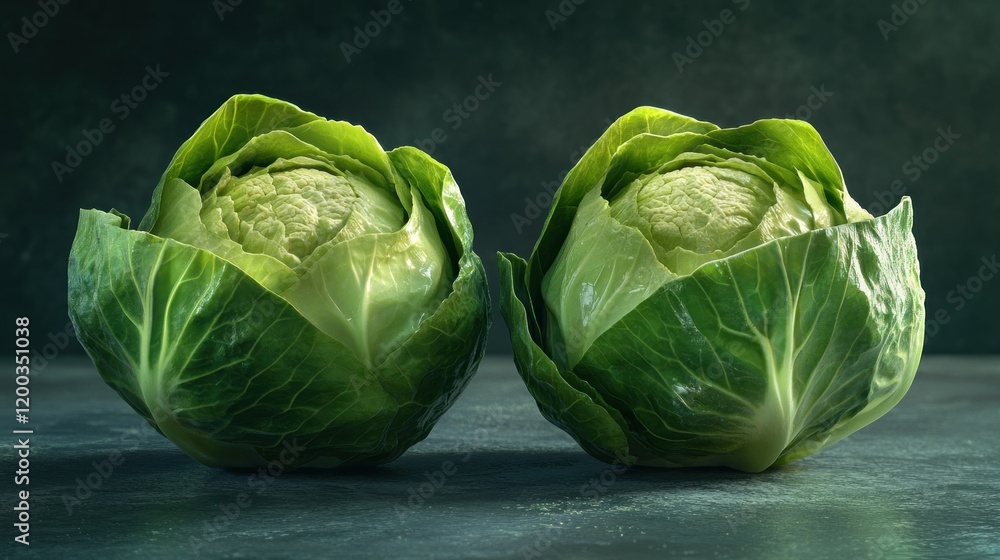Fototapeta premium Two fresh, green cabbages on a dark background.