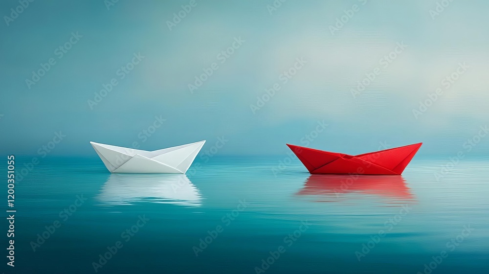 Obraz premium Business Creativity Innovation Inspiration Idea Imagination Future Two origami boats floating on calm water.