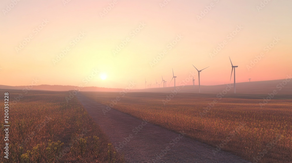 Sunrise over a field with wind turbines and a road. Sunrise over a field with wind turbines and a road.