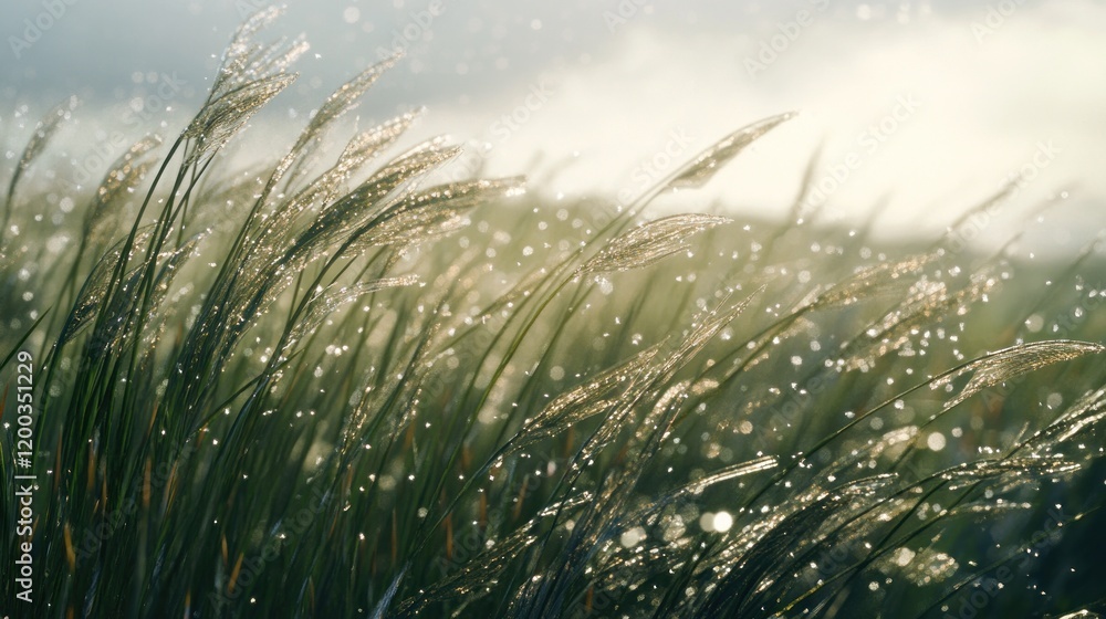 Obraz premium Dew-kissed grass swaying gently in the sunlit breeze.