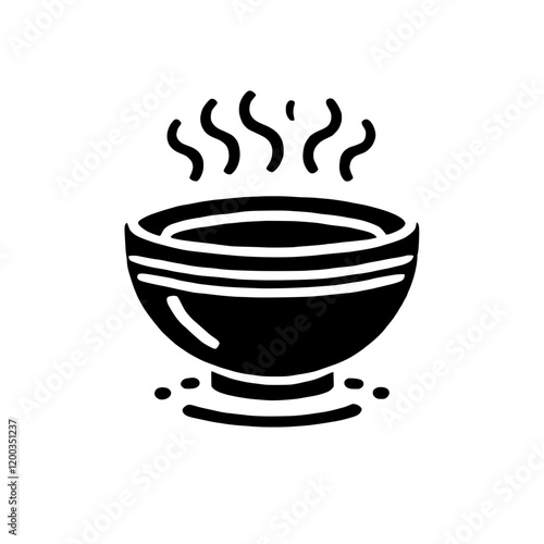 Steaming Bowl Icon: A minimalist black and white illustration of a steaming bowl of soup, perfect for food blogs, menus, and restaurant websites.  