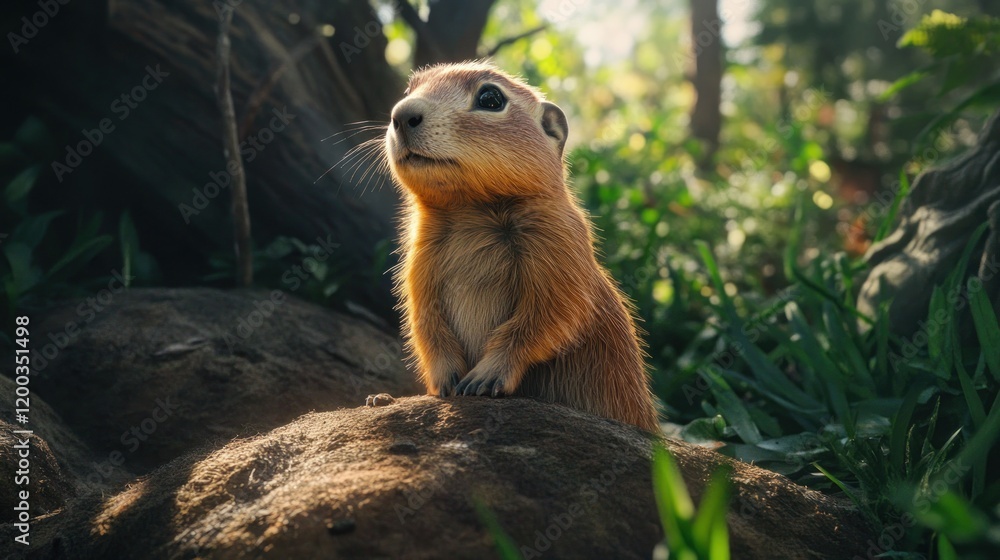 Fototapeta premium Cute ground squirrel sitting on a rock, looking up in a forest.